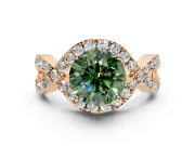 Halo Engagement Ring Setting for Fancy Green Round Cut Center with Pave Infinity Twist Band and Prong Head in Rose Gold