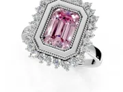 Halo Engagement Ring Setting for Fancy Pink Emerald Cut Center with Milgrain Bezel Rim, Plain Band and Prong Head in Sterling Silver