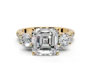 3 Stone Engagement Ring Setting for Asscher Cut Center with Crossover Basket, Pave Band and Prong Head in Yellow Gold