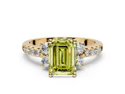 Paired Accent Engagement Ring Setting for Fancy Yellow Emerald Cut Center with Pave Band and Prong Head in Yellow Gold