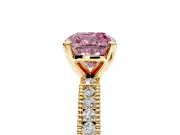 Solitaire Engagement Ring Setting for Fancy Pink Cushion Cut Center with Milgrain-Edged Pave Band and Prong Head in Yellow Gold