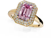 Halo Engagement Ring Setting for Fancy Pink Emerald Cut Center with Plain Tapered Band and Prong Head in Yellow Gold