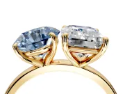 Fancy Blue Round Cut and Emerald Cut Lab-Grown Diamond Toi et Moi Engagement Ring with Prong-Set Stones in Yellow Gold