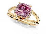 Halo Engagement Ring Setting for Fancy Pink Cushion Cut Center with Rope Twist Split Shank and Prong Head in Yellow Gold