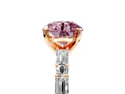 Baguette Engagement Ring Setting for Fancy Pink Round Cut Center with Alternating Bar-Set Band and Prong Head in Rose Gold