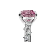 Solitaire Engagement Ring Setting for Fancy Pink Cushion Cut Center with Trailing Leaf Accent Band and Prong Head in Platinum