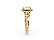 Halo Engagement Ring Setting for Fancy Yellow Radiant Cut Center with Open Scroll Shoulders and Prong Head in Yellow Gold
