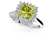 Starburst Halo Engagement Ring Setting for Fancy Yellow Cushion Cut Center with Thin Round-Wire Band and Prong Head in White Gold
