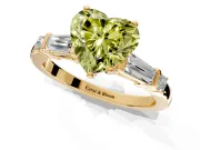 Bar-Set Engagement Ring Setting for Fancy Yellow Heart-Shaped Center with Tapered Baguette Accents and Prong Head in Yellow Gold