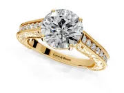 Solitaire Engagement Ring Setting for Round Cut Center with Engraved Pave Band and Prong Head in Yellow Gold