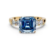 5 Stone Engagement Ring Setting for Fancy Blue Asscher Cut Center with Plain Band and Prong Head in Yellow Gold