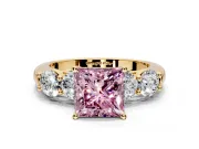 5 Stone Engagement Ring Setting for Fancy Pink Princess Cut Center with Graduated Accents and Prong Head in Yellow Gold