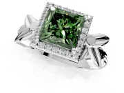 Halo Engagement Ring Setting for Fancy Green Princess Cut Center with Floral Band and Prong Head in White Gold