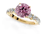Shared-Prong Engagement Ring Setting for Fancy Pink Round Cut Center with Graduated Accents and Prong Head in Yellow Gold