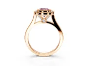 Halo Engagement Ring Setting for Fancy Pink Cushion Cut Center with Milgrain Frame, Pave Band and Prong Head in Rose Gold