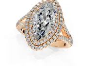 Double Halo Engagement Ring Setting for Marquise Center with Narrow Pave Split Shank and Prong Head in Rose Gold