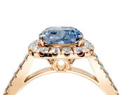 Halo Engagement Ring Setting for Fancy Blue Cushion Cut Center with Raised Halo, Pave Band and Prong Head in Rose Gold
