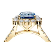 Halo Engagement Ring Setting for Fancy Blue Radiant Cut Center with Single-Row Pave, Open Basket and Prong Head in Yellow Gold