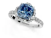 Halo Engagement Ring Setting for Fancy Blue Cushion Cut Center with Openwork Halo, Pave Band and Prong Head in White Gold
