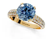 Solitaire Engagement Ring Setting for Fancy Blue Round Cut Center with Multi-Row Pave Accents and Basket Head in Yellow Gold