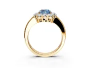 Halo Engagement Ring Setting for Fancy Blue Cushion Cut Center with Milgrain Channel Band and Prong Head in Yellow Gold