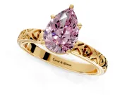 Solitaire Engagement Ring Setting for Fancy Pink Pear-Shaped Center with XO Engraved Band and Prong Head in Yellow Gold