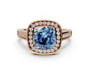 Halo Engagement Ring Setting for Fancy Blue Cushion Cut Center with Outer Bezel Rim, Pave Band and Prong Head in Rose Gold