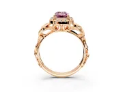 Halo Engagement Ring Setting for Fancy Pink Emerald Cut Center with Open Scroll Shoulders and Prong Head in Rose Gold