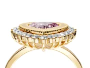 Halo Engagement Ring Setting for Fancy Pink Heart-Shaped Center with Milgrain Bezel Rim, Plain Band and Prong Head in Yellow Gold