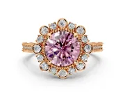 Milgrain Halo Engagement Ring Setting for Fancy Pink Round Cut Center with Bezel Point Accents and Prong Head in Rose Gold