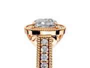Milgrain Halo Engagement Ring Setting for Cushion Cut Center with Pave Band and Prong Head in Rose Gold