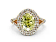 Double Halo Engagement Ring Setting for Fancy Yellow Oval Center with Narrow Pave Split Shank and Prong Head in Yellow Gold