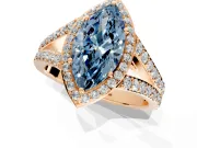 Halo Engagement Ring Setting for Fancy Blue Marquise Center with Narrow Pave Split Shank and Prong Head in Rose Gold