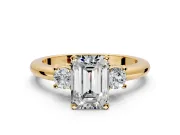 3 Stone Engagement Ring Setting for Emerald Cut Center with Wide Plain Band and Prong Head in Yellow Gold