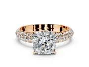 Solitaire Engagement Ring Setting for Cushion Cut Center with Domed Multi-Row Pave Band and Prong Head in Rose Gold