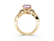 3 Stone Engagement Ring Setting for Fancy Pink Asscher Cut Center with Pave Split Shank and Prong Head in Yellow Gold