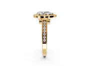 Halo Engagement Ring Setting for Pear-Shaped Center with Outer Bezel Rim, Pave Band and Prong Head in Yellow Gold