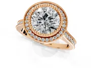 Halo Engagement Ring Setting for Round Cut Center with Milgrain Frame, Pave Band and Prong Head in Rose Gold