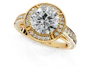 Halo Engagement Ring Setting for Round Cut Center with Framed Halo, Pave Band and Prong Head in Yellow Gold