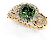 Milgrain Halo Engagement Ring Setting for Fancy Green Cushion Cut Center with Shoulder Bezels and Prong Head in Yellow Gold