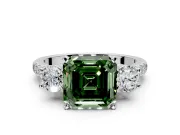 3 Stone Engagement Ring Setting for Fancy Green Asscher Cut Center with Crossover Basket, Pave Band and Prong Head in Platinum