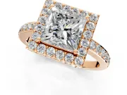 Halo Engagement Ring Setting for Princess Cut Center with Heart-Shaped Openwork, Pave Band and Prong Head in Rose Gold