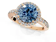 Halo Engagement Ring Setting for Fancy Blue Round Cut Center with Heart-Shaped Openwork, Pave Band and Prong Head in Rose Gold
