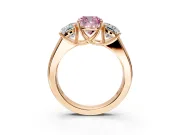 3 Stone Engagement Ring Setting for Fancy Pink Cushion Cut Center with Raised Basket Heads and Prong Head in Rose Gold