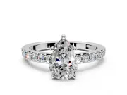 Solitaire Engagement Ring Setting for Pear-Shaped Center with Round Cut Pave Band and Prong Head in Platinum