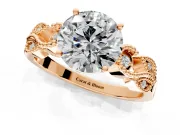 Leaf Engagement Ring Setting for Round Cut Center with Milgrain Accent Band and Prong Head in Rose Gold
