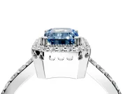 Halo Engagement Ring Setting for Fancy Blue Emerald Cut Center with Inner Milgrain Border and Prong Head in Sterling Silver