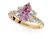 Paired Accent Engagement Ring Setting for Fancy Pink Pear-Shaped Center with Pave Band and Prong Head in Yellow Gold