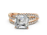 Solitaire Engagement Ring Setting for Asscher Cut Center with Woven 3-Strand Pave Band and Prong Head in Rose Gold
