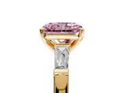 3 Stone Engagement Ring Setting for Fancy Pink Radiant Cut Center with Tapered Baguettes, Plain Band and Prong Head in Yellow Gold